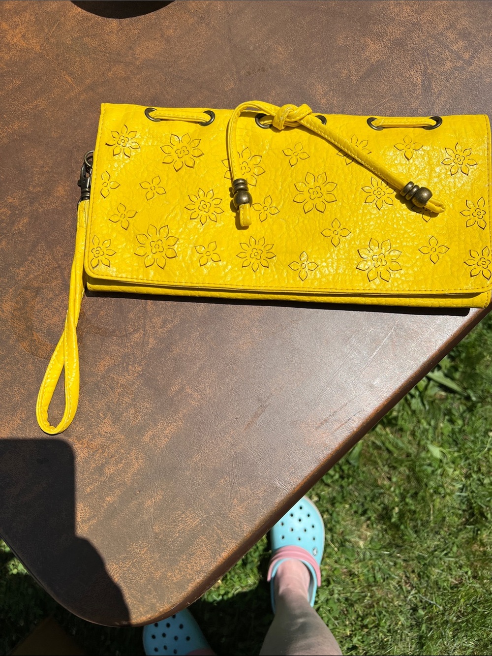 Jessica Simpson Yellow Floral Embossed Wristlet Clutch